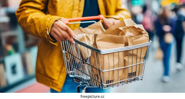 Person Holding a Basket of Brown Paper Bags