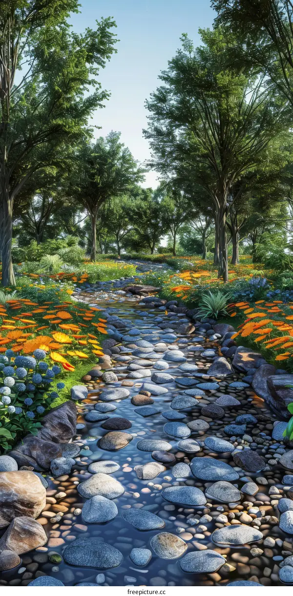 Pebble Path Through a Colorful Garden
