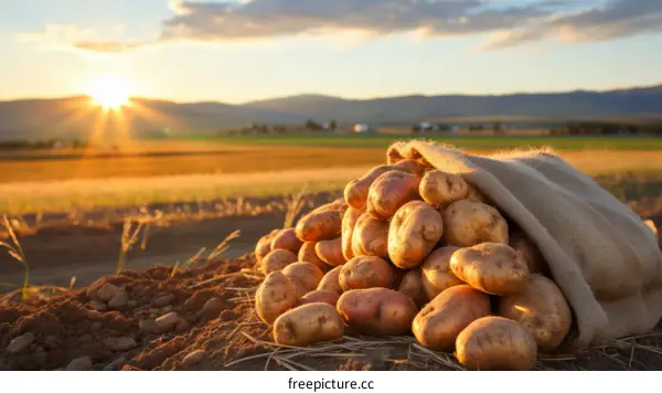Potatoes in a burlap sack with the sun setting in the background