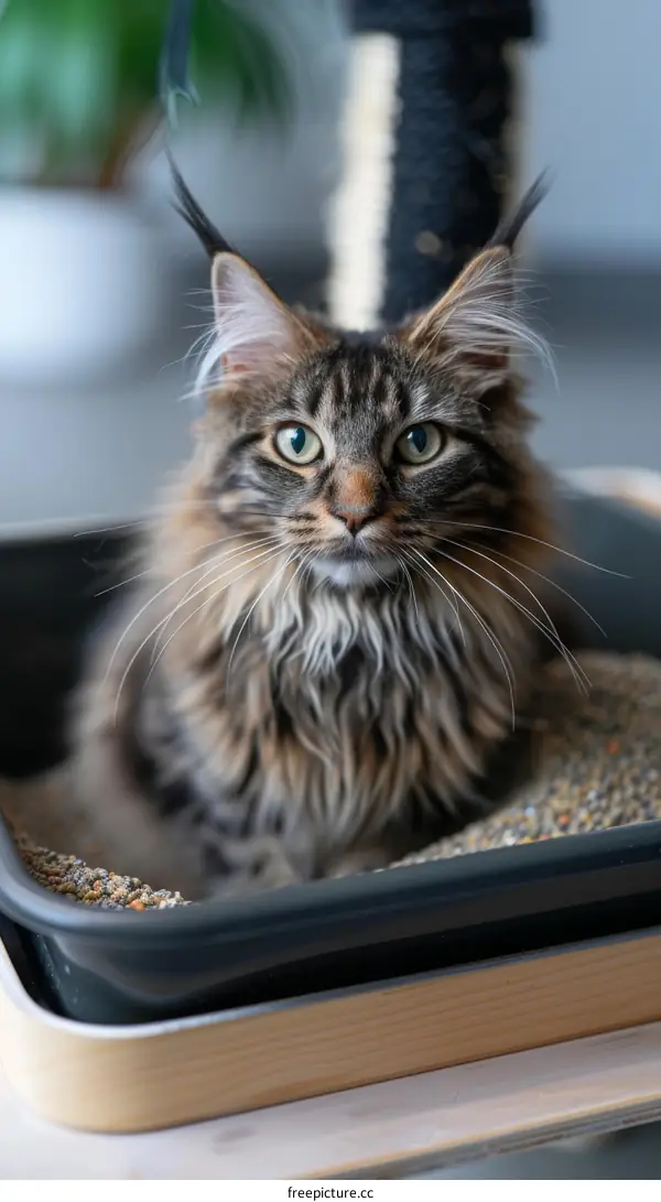 Cute Tabby Cat Sitting in Litter Box