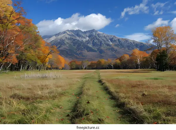Autumn Landscape with Mountain and Meadow Path