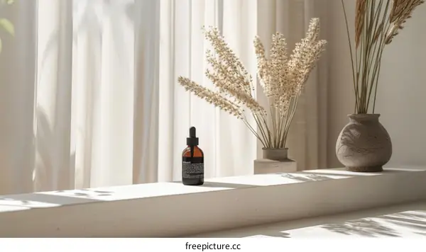 Close-up of a dropper bottle with dried plants in the background