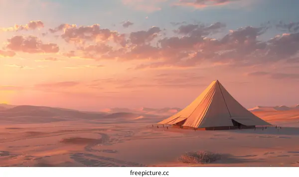 A large tent in the middle of a desert with a beautiful sunset in the background