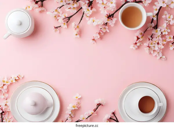Pink Background with Cherry Blossoms and Teacups