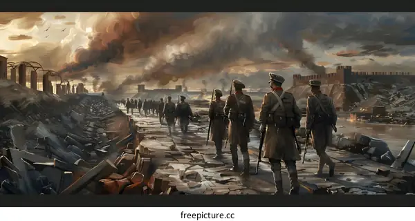 Soldiers Walking Through Destroyed Cityscape