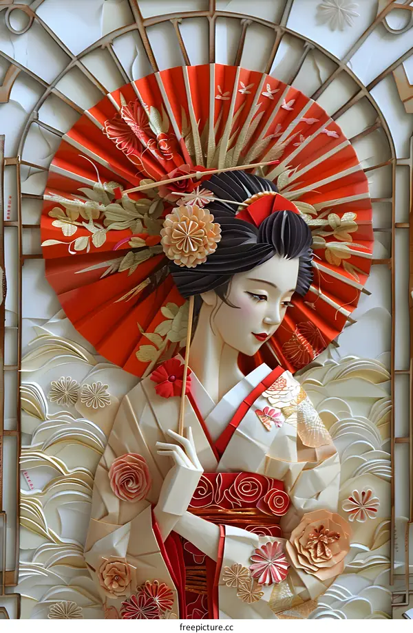 Japanese woman with red umbrella and white kimono