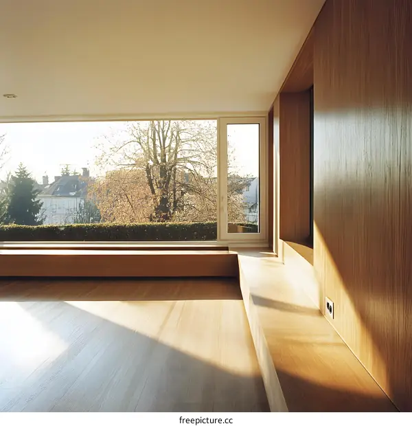 Modern Minimalist Interior Design With Wooden Paneling And Large Window