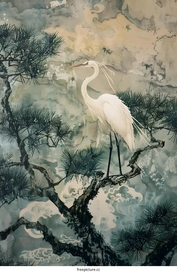 White Heron Standing on a Pine Tree Branch Watercolor Painting
