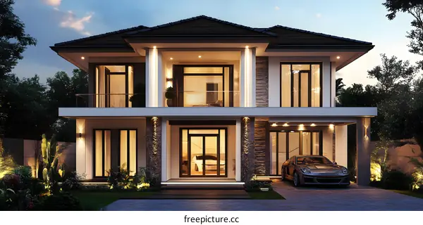 Modern Two Storey House Design with Stone Wall and Glass Windows