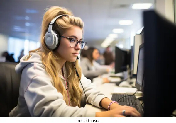 Young woman wearing headphones and glasses works at her computer