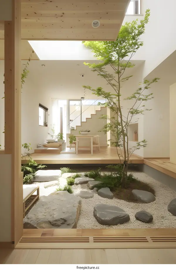 Japanese Style Courtyard with Skylight in a Modern Home