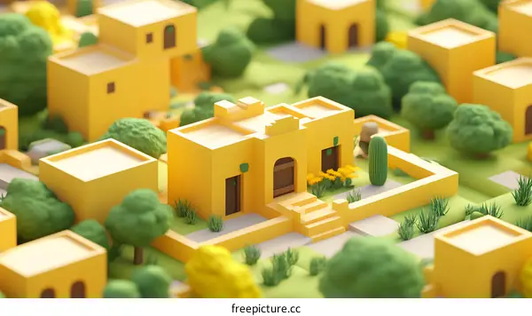 Low Poly 3D Rendered Yellow House In A Green Garden