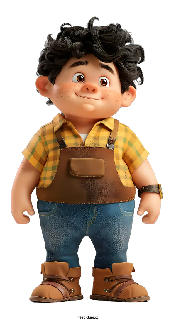 [Transparent Background PNG]A 3D illustration of a boy wearing a plaid shirt and brown pants