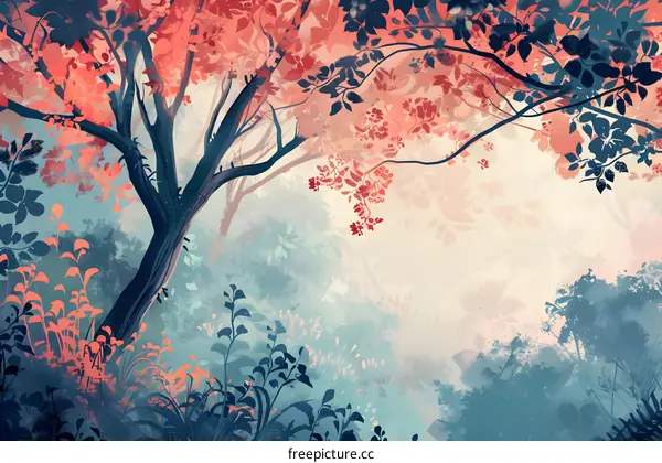 Digital Painting of a Forest with Trees and Flowers