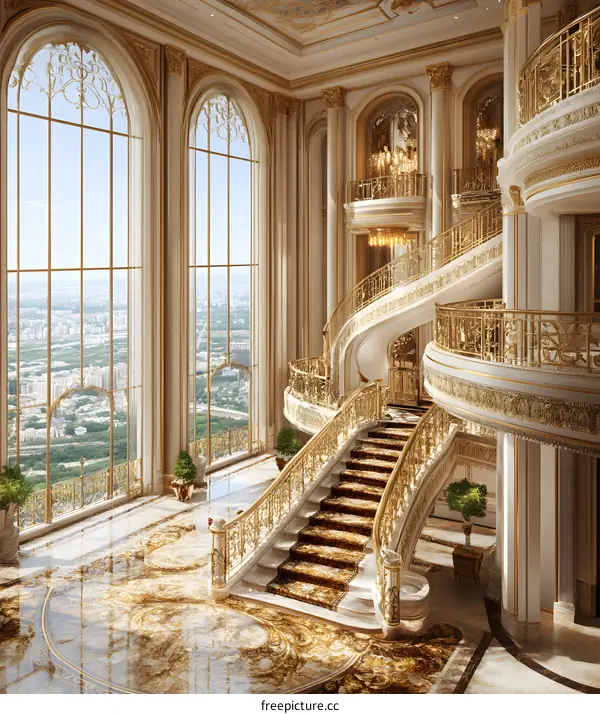 Luxury Interior Design with Golden Spiral Staircase and Large Windows