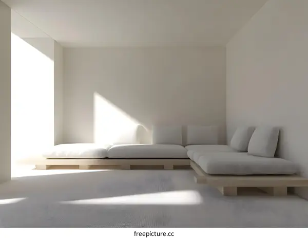 Minimalist White Sofa With Wooden Frame In Modern Living Room