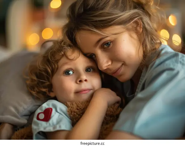 A mother and her son are hugging each other.