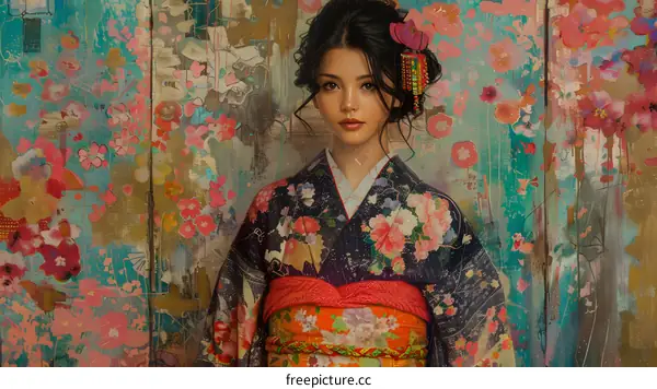 An Asian woman wearing a kimono stands in front of a floral background.