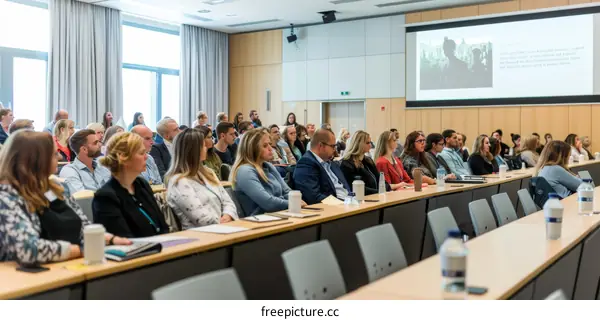 A group of people are sitting in a lecture hall listening to a presentation