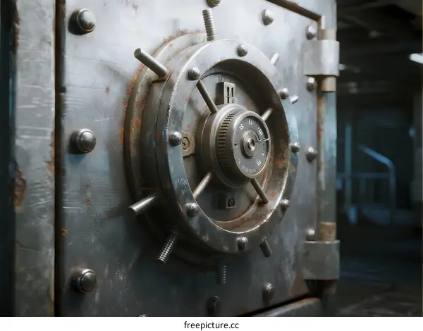 Close-up view of an old metal bank vault door with combination lock