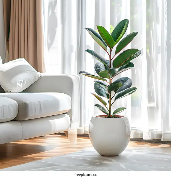 Indoor Ficus Plant in White Pot on White Couch