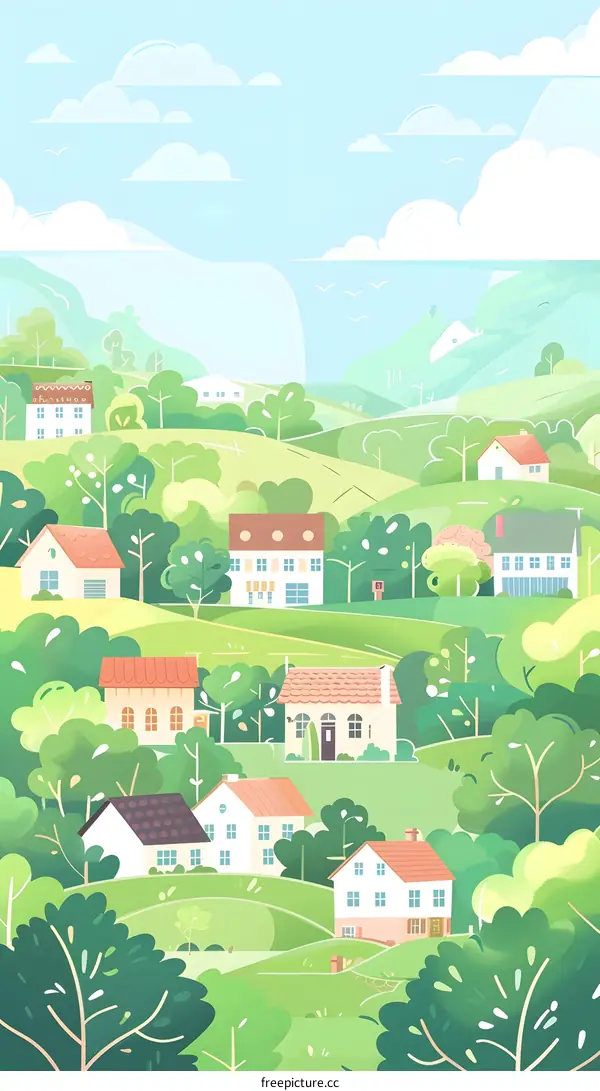 Green Hills with Houses and Sky Illustration
