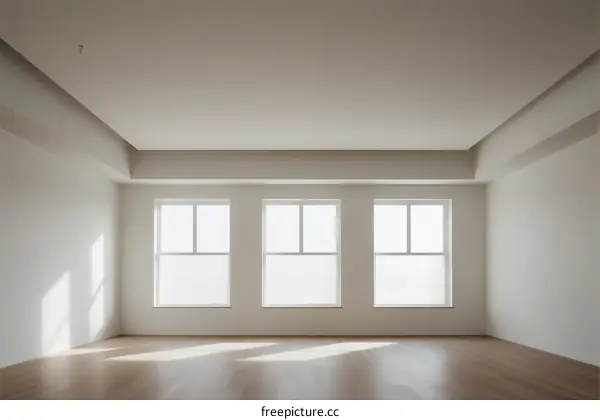 An empty room with three windows and wooden floor