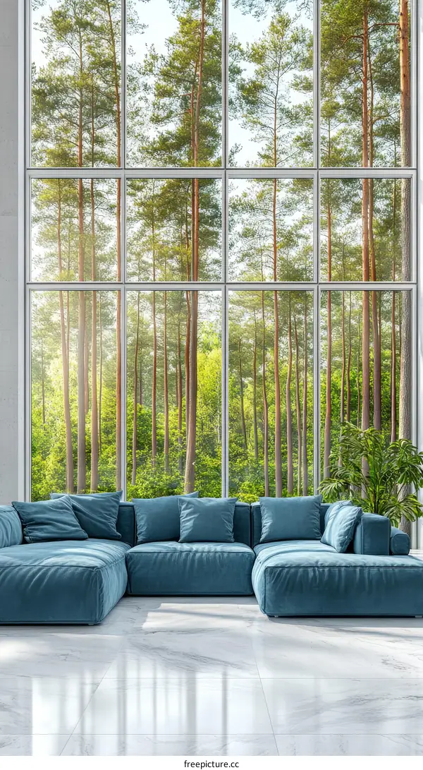 Modern Living Room with Large Windows and Forest View