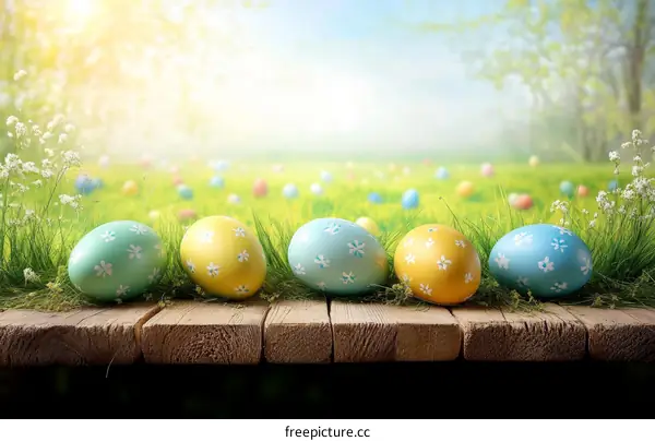 Easter Eggs on Wooden Table in Spring Meadow