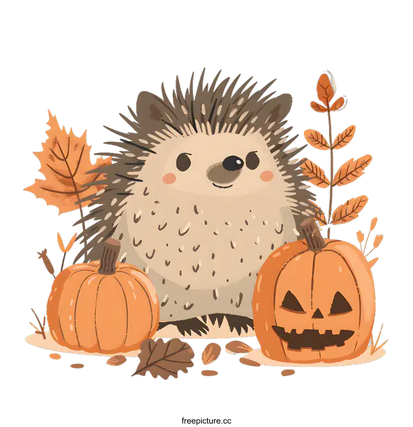 [Transparent Background PNG]Cute Hedgehog with Pumpkins for Autumn Illustration