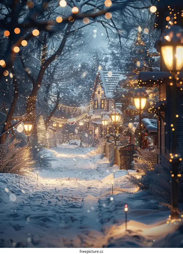 Christmas Village Lane Covered with Snow at Night