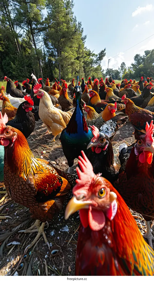A large group of chickens and peafowl staring at the camera