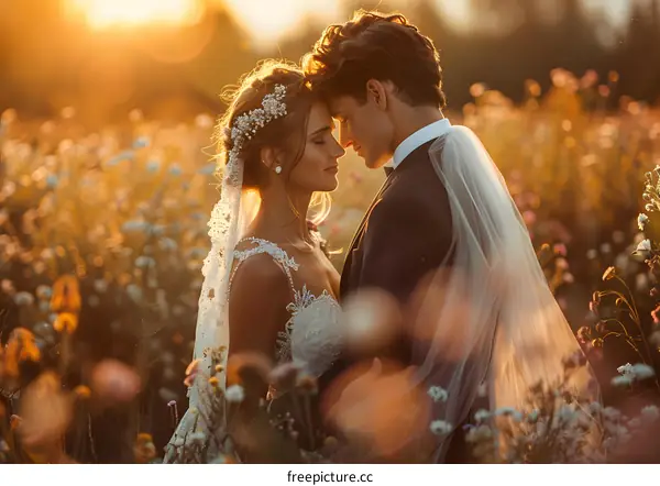 A newlywed couple is holding a wedding in a golden sea of flowers