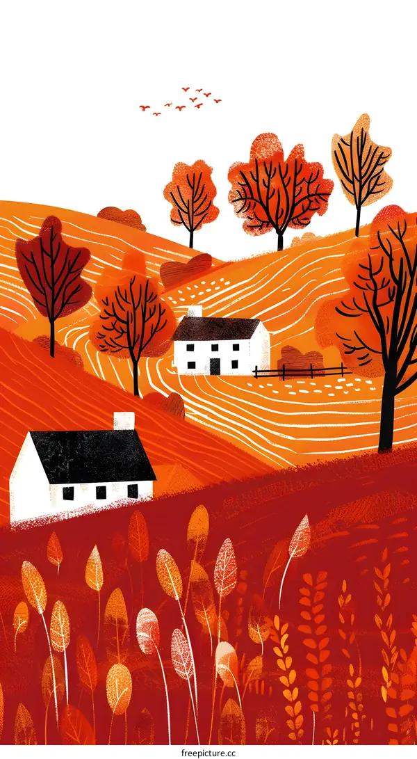 Autumn Landscape with Two Houses and Birds