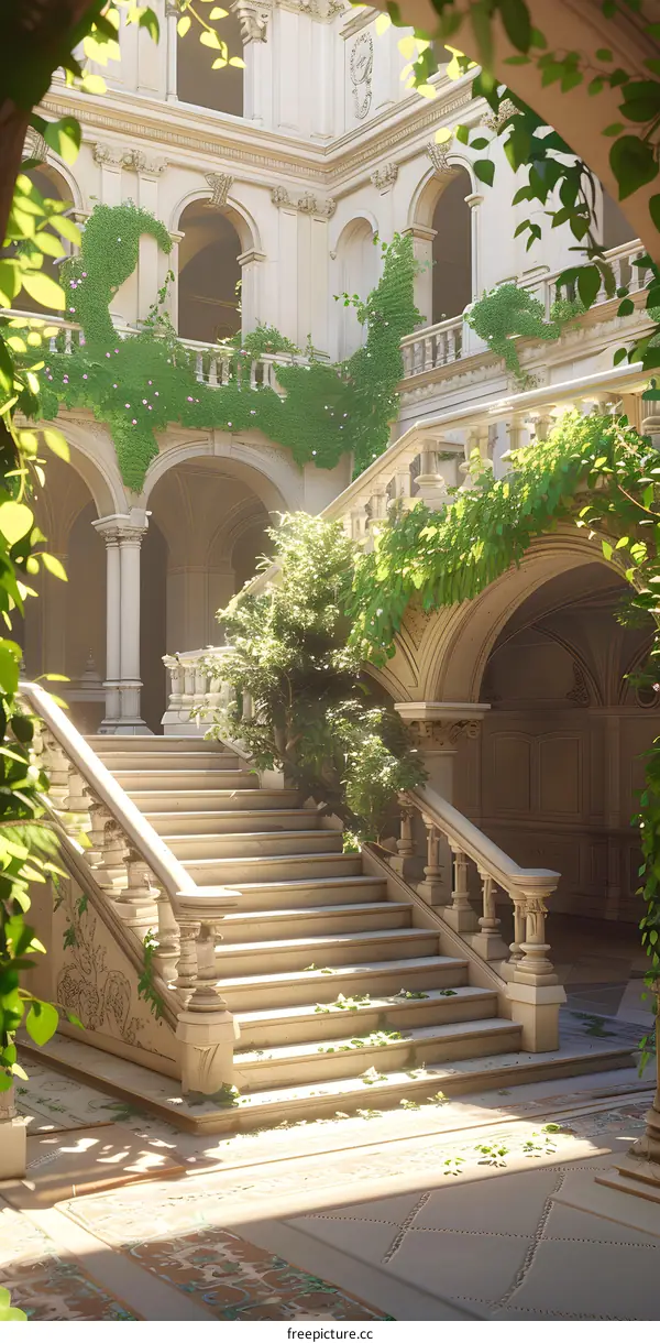 Stone Stairs Leading To The Entrance of a Palace With Vines and Plants