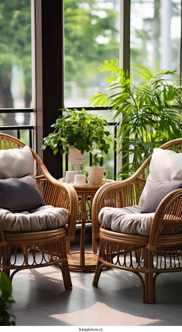Two Wicker Chairs and a Small Table with Plants in the Living Room