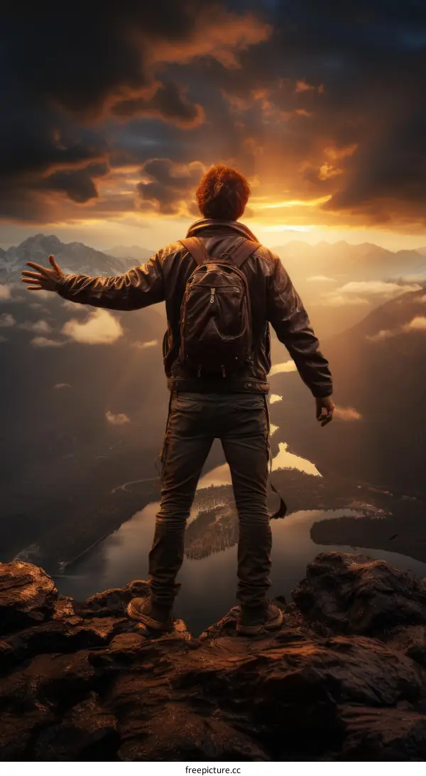 man standing on a cliff with his arms outstretched enjoying the sunset