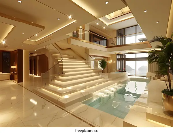 Indoor swimming pool and staircase in a luxury house