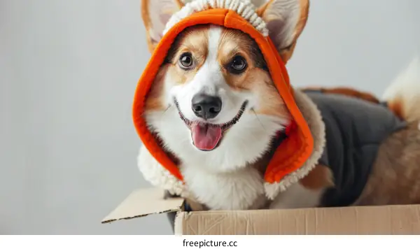 A cute puppy wearing an orange hoodie sits in a cardboard box