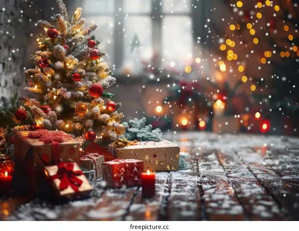 Christmas tree with red and gold ornaments near window