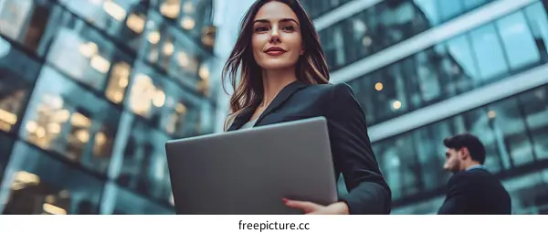 Businesswoman Holding Laptop in Front of Modern Building