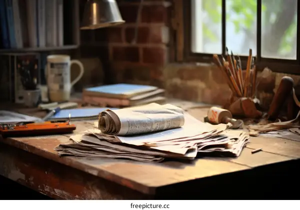 Cluttered Desk with Papers, Supplies, and Sunlight