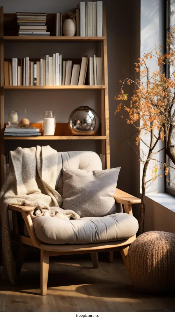 A cozy reading nook with a comfortable chair, a bookshelf, and a potted plant