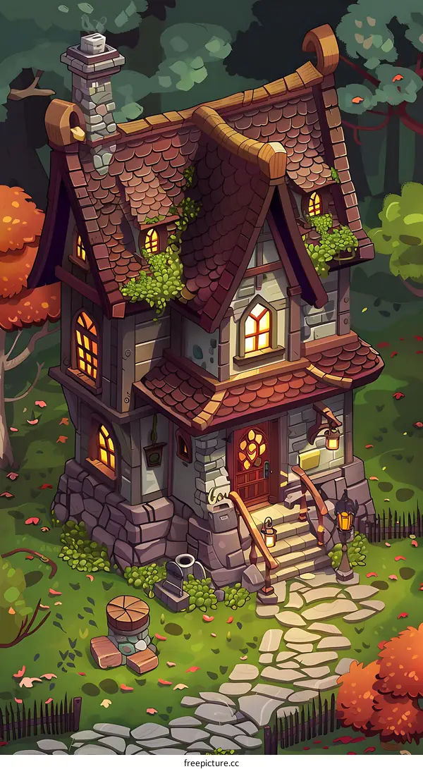 Cute Cartoon Style House In Forest