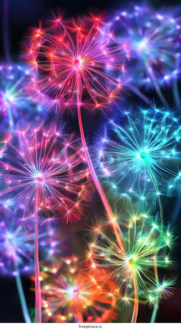 Abstract Colorful Dandelions in Black Background