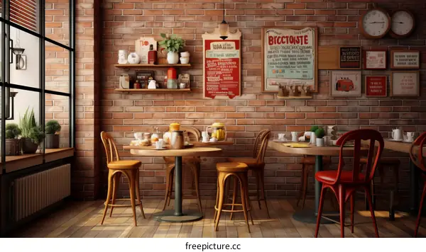 Cozy Brick-Walled Cafe with Vintage Decor and Wooden Furniture