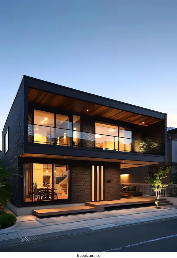 Modern Two Story House with Wood Accents and Large Windows
