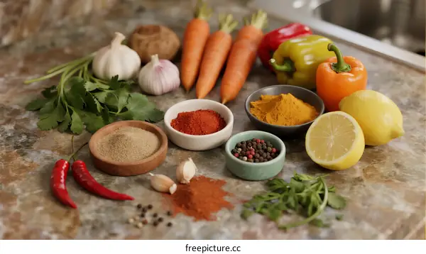 Fresh Vegetables and Spices on Marble Countertop