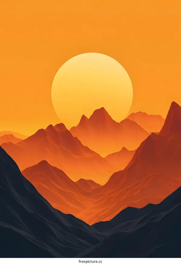 Orange Sunset Mountain Landscape Illustration
