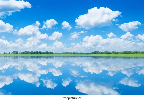 Calm blue sky and white clouds reflected on the lake